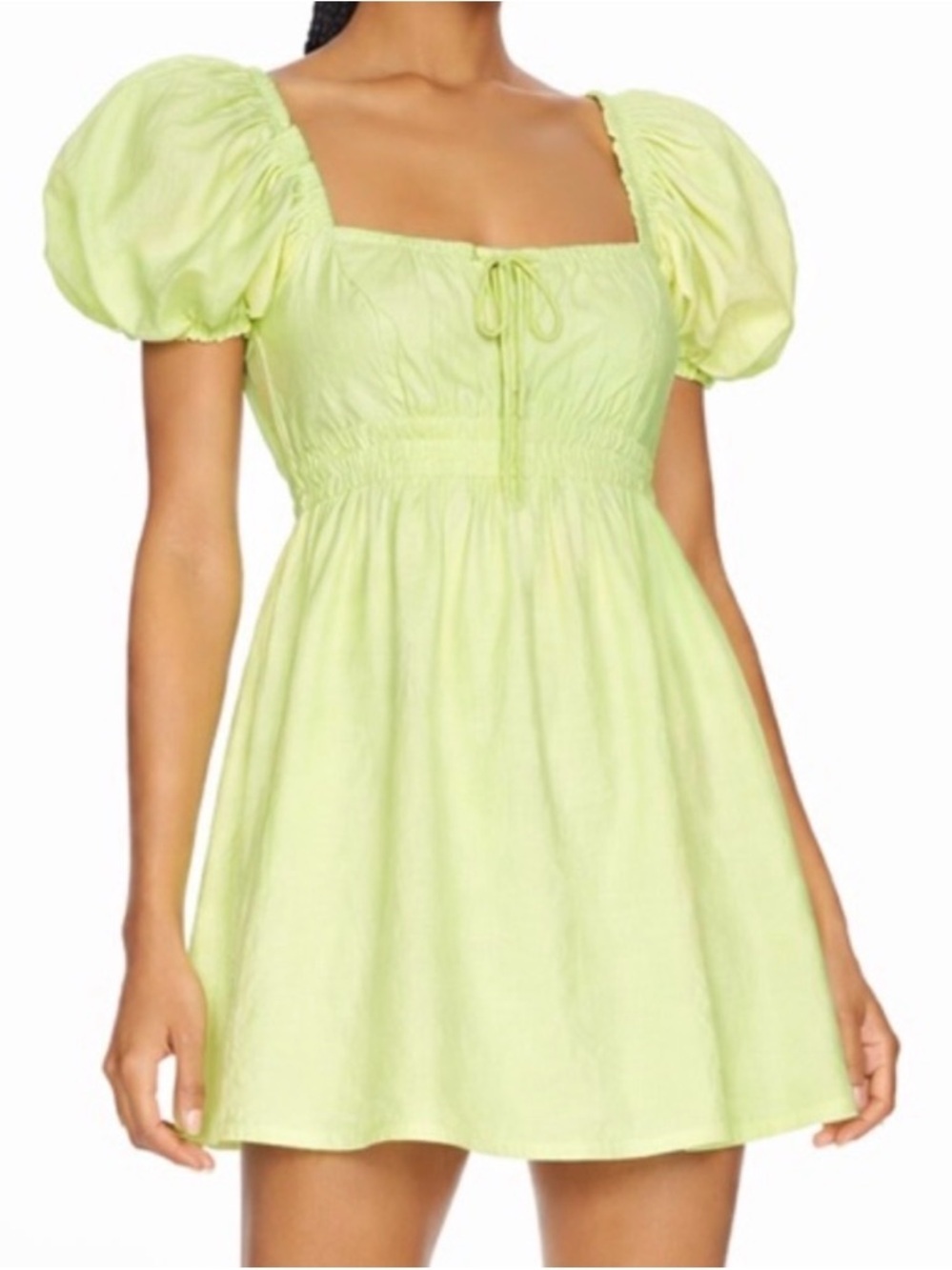 NWT Camila Coelho Linen Mini Dress XS Yellow Green Puff Sleeve Flowy Resort